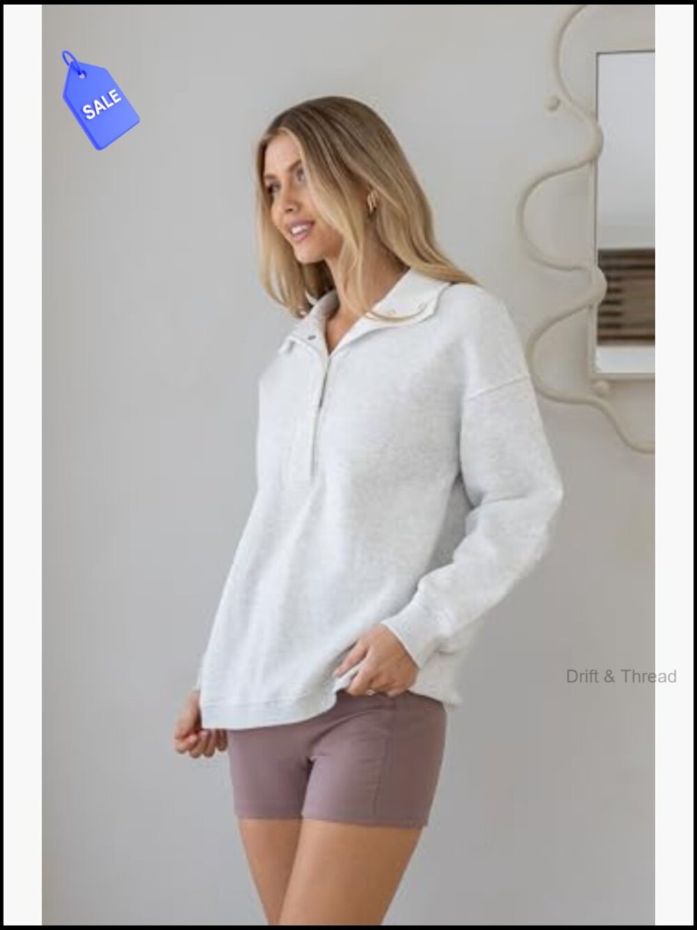 Oversized Mock Neck Pullover Sweatshirt Long Sleeve Quarter Button Casual Top - Picture 3 of 7